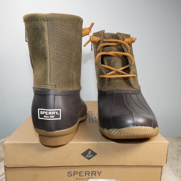 NiB Sperry Women's Ebossed Saltwater Boots, Brown/Olive, 9.5 - Picture 6 of 11